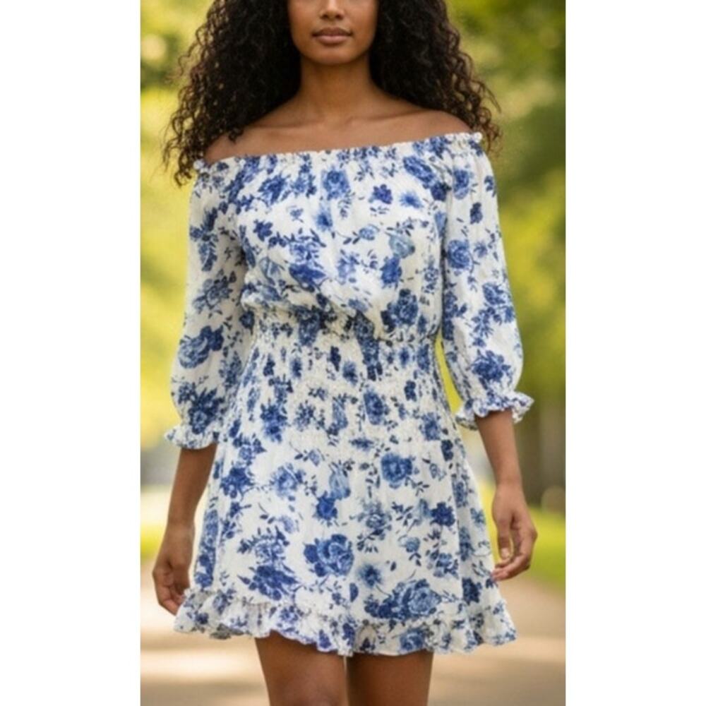 Main Strip Blue Rose Floral Shirred Waist Mini Dress